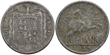 Испания 10 сентимо 1945 Рыцарь на коне, Франсиско Франко (1939-1975) KM 766 алюминий 183-236