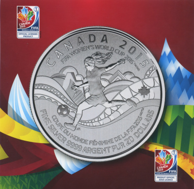 Канада 20 долларов 2015 FIFA, чемпионат мира по женскому футболу, в оригинальном буклете KM NEW серебро PROOF 6-6-2-14