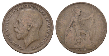 Великобритания 1 пенни 1918 Георг V (1910-1936) KM 810, Spink 4051 бронза 4661-536