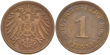 ГЕРМАНИЯ 1 ПФЕННИГ 1906 E KM 10, J. 10, Weege 2 медь 211-345