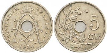 БЕЛЬГИЯ 5 САНТИМОВ 1930 BELGIE KM 94 никель латунь 4549-1055