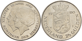 Нидерланды 2 1/2 гульдена 1980 коронация Беатрикс, 30 апреля 1980 KM 201 никель 38-133