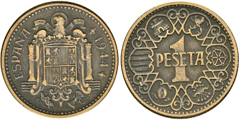 Испания 1 песета 1944 Национальное правительство (1939 - 1947) KM 767 алюминиевая бронза 4171-1035