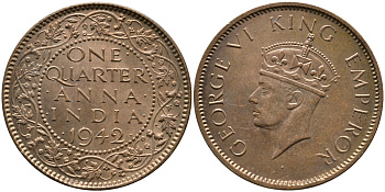Британская Индия 1/4 анна 1942 Георг VI (1937-1952) KM 531 бронза aUNC 4364-837