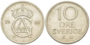 Швеция 10 эре 1966 U Густав VI Адольф (1950-1973) KM 835 медно-никель 3955-325