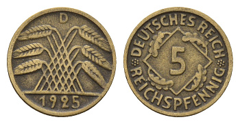 Германия 5 рейхспфеннигов 1925 D KM 39, J. 316 алюминиевая бронза 4651-734