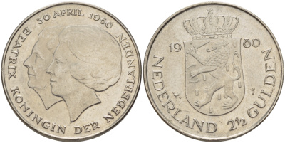 Нидерланды 2 1/2 гульдена 1980 коронация Беатрикс, 30 апреля 1980 KM 201 никель 38-133