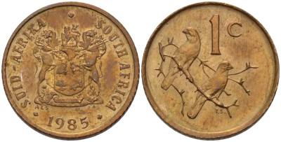 ЮАР 1 цент 1985 герб, капские воробьи KM 82 бронза UNC 66-265
