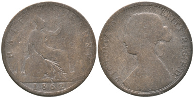 Великобритания 1/2 пенни 1862 Виктория (1837-1901) KM 748.2, Spink 3956 бронза 34-144