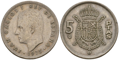 Испания 5 песет 1975 (79) Хуан Карлос I (1975-2014) KM 807 медно-никель 210-111