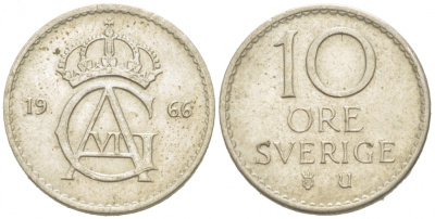 Швеция 10 эре 1966 U Густав VI Адольф (1950-1973) KM 835 медно-никель 3955-325
