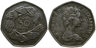 Великобритания 50 пенсов 1973 Елизавета II (1952-2022), вступление в Европейское экономическое сообщество KM 918, Spink 4224 медно-никель 3334-133