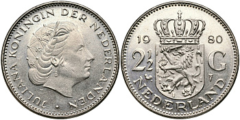 Нидерланды 2 1/2 гульдена 1980 Юлиана (1948-1980) KM 191 никель 4593-1242