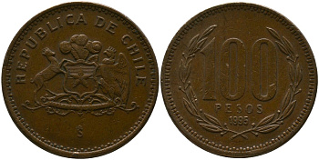 Чили 100 песо 1995 So KM 226.2, Schon 71 алюминиевая бронза 4544-1234