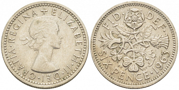 Великобритания 6 пенсов 1963 Елизавета II (1952-2022) KM 903, Spink 4149 медно-никель 214-1067