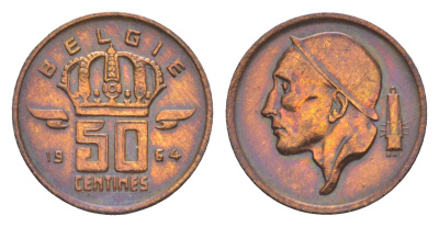 Бельгия 50 сантимов 1954 Belgie, Бодуэн I (1951-1993) KM 145 бронза 4169-1129