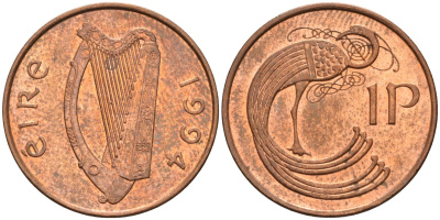 Ирландия 1 пенни 1994 мифологическая птица лира KM 20а сталь плакированная медью BUNC 4582-145