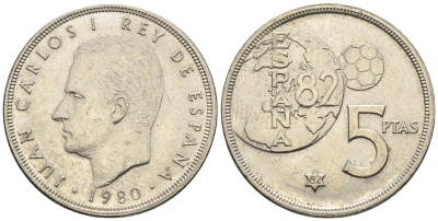 Испания 5 песет 1982 (80), Хуан Карлос I (1975-2014), чемпионат мира по футболу, Испания 1982 KM 817 медно-никель UNC 85-751