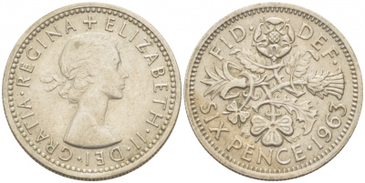 Великобритания 6 пенсов 1963 Елизавета II (1952-2022) KM 903, Spink 4149 медно-никель 214-1067