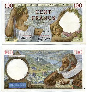 ФРАНЦИЯ 100 ФРАНКОВ 1940 28 НОЯБРЯ 1940 Pick 94 бумага 8606-7-2-1