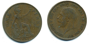 Великобритания 1 пенни 1931 Георг V (1910-1936) КМ 838, Spink 4055 бронза 41-1136