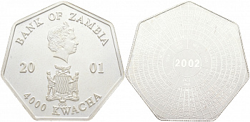 Замбия 4000 квача 2001 календарь, семиугольная KM 175 серебро PROOF 02-073-31