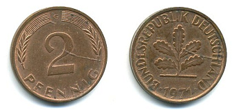 ФРГ 2 пфеннига 1971 G KM 106a, J.381a сталь плакированная медью 3999-1142