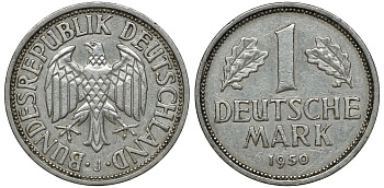 ФРГ 1 марка 1950 J, KM 110, J. 385 медно-никель 72-623