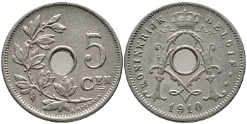 БЕЛЬГИЯ 5 САНТИМОВ 1910 BELGIE KM 67 медно-никель 72-1149
