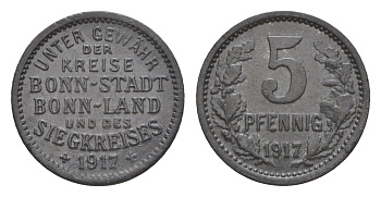 Бонн и Зигкрайс (Пруссия, Рейн) 5 пфеннигов 1917 Funck 52.1, Men05 3234.1, Men18 4150.1 цинк 4639-131
