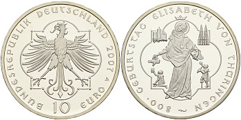 ФРГ 10 евро 2007 А, 800 лет со дня рождения Святой Елизаветы фон Туринген (Венгерской) KM 268, DE.S. 10.33 серебро PROOF 1076-3-73