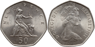Великобритания 50 пенсов 1969 Елизавета II (1952-2022) KM 913, Spink 4223 (H1) медно-никель UNC 51-4014