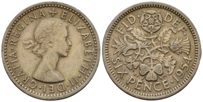 Великобритания 6 пенсов 1954 Елизавета II (1952-2022) KM 903, Spink 4149 медно-никель 4602-115