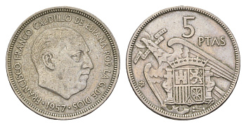 Испания 5 песет 1957 (65) Франсиско Франко (1939-1975) KM 786 медно-никель 4707-326