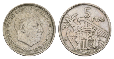 Испания 5 песет 1957 (65) Франсиско Франко (1939-1975) KM 786 медно-никель 4707-326