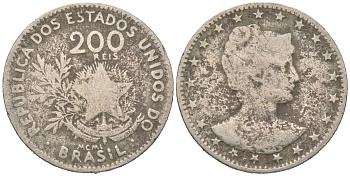 Бразилия 200 реалов 1901 MCMI, голова свободы вправо KM 504 медно-никель 4612-141