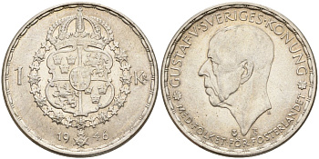 Швеция 1 крона 1946 TS, Густав V (1907-1950) KM 814 серебро 4148-1034