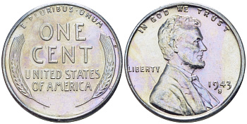 США 1 цент 1943 S (Сан-Франциско), Авраам Линкольн KM 132 a сталь плакированная цинком 39-136