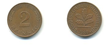 ФРГ 2 ПФЕННИГА 1989 G KM 106a, J.381a сталь плакированная сталь плакированная медьюю 54-2333