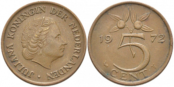Нидерланды 5 центов 1972 Юлиана (1948-1980) KM 181 бронза 3856-512
