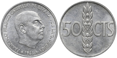 Испания 50 сентимо 1966 (68) Франсиско Франко (1939-1975) KM 795 алюминий 4171-424