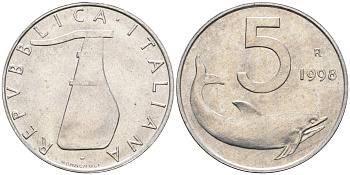 Италия 5 лир 1998 R, дельфин KM 92 алюминий  UNC  4594-964