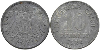 ГЕРМАНИЯ 10 ПФЕННИНГОВ 1922 KM 26, J.299, Weege 8 цинк 202-226