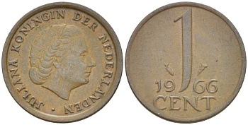 НИДЕРЛАНДЫ 1 ЦЕНТ 1966 ЮЛИАНА (1948-1980) KM 180 бронза 214-1036