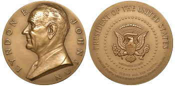 США медаль 1963 президент Джонсон, 71,0 мм, 217,1 гр бронза UNC 8-1-07-08