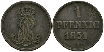 Ганновер 1 пфенниг 1851 B, Эрнст Август (1837-1851) KM 201.1, AKS 129, J. 74 медь 4608-1068