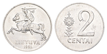 Литва 2 цента 1991 KM 86 алюминий UNC 3955-257