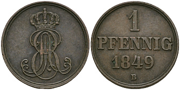Ганновер 1 пфенниг 1849 B, Эрнст Август (1837-1851) KM 201.1, AKS 129, J. 74 медь 4608-1043