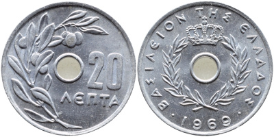 Греция 20 лепта 1969 Константин II (1964-1974), оливковая ветвь KM 79 алюминий UNC 4390-225