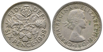 Великобритания 6 пенсов 1958 Елизавета II (1952-2022) KM 903, Spink 4149 медно-никель 220-866